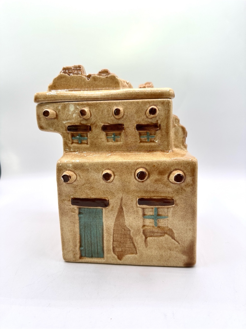 1960s California Pottery Adobe Village Cookie Canister.